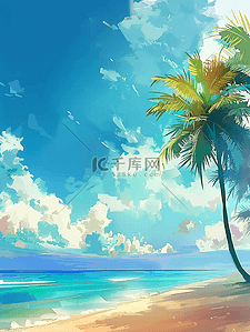云彩卡通白色插画图片_沙滩海边树木夏季手绘插画海报