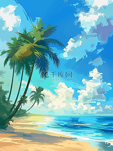 椰子树树木插画图片_夏季沙滩海边树木插画海报手绘