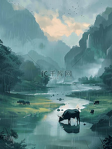 ,喝水插画图片_夏季山水河流插画水墨画海报