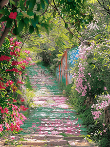 插画蔷薇花台阶树木手绘海报夏天