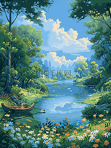 夏季风景手绘山水插画海报