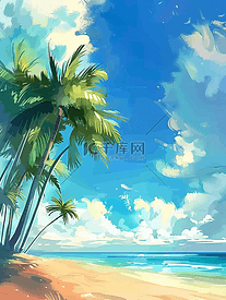 夏季沙滩海边树木插画手绘海报