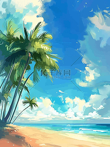 椰子树树木插画图片_夏季沙滩海边树木插画手绘海报