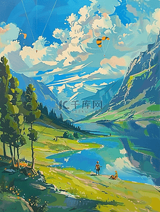 树木风景插画图片_夏季河流山川树木风景手绘插画