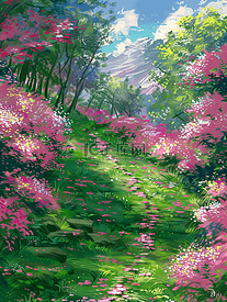 夏天插画手绘蔷薇花台阶树木海报
