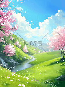 小花花卡通插画图片_夏季樱花草地小溪插画海报手绘