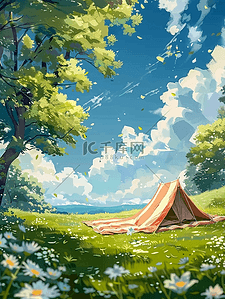垫子餐垫插画图片_夏天手绘风景户外帐篷插画海报