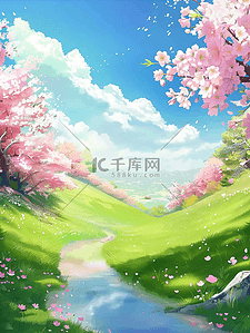 小花花卡通插画图片_樱花草地小溪手绘夏季插画海报