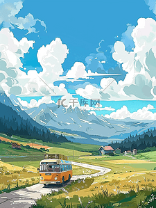 汽车晴朗天气夏季风景手绘海报插画素材