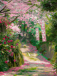 夏天插画蔷薇花台阶树木手绘海报