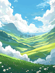 棉花糖插画图片_夏季山坡草地手绘插画小花海报