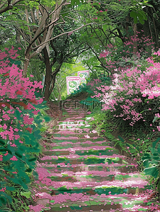 台阶底座插画图片_插画夏天蔷薇花台阶树木手绘海报