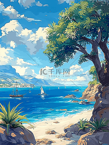 卡通夏日海边插画图片_夏日度假沙滩海边手绘插画