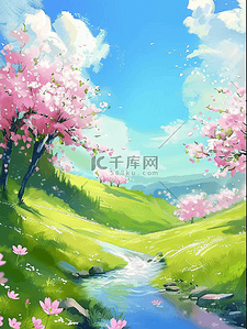 樱花开了插画图片_夏季樱花草地小溪插画手绘海报