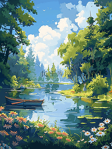 手绘夏季风景山水插画海报