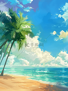 云彩卡通白色插画图片_沙滩夏季海边树木手绘插画海报