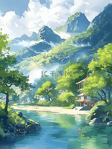 河水夏季山峰树木手绘插画海报