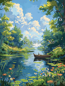 夏季风景山水插画手绘海报