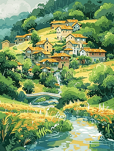 风景山坡房屋夏季河流手绘插画