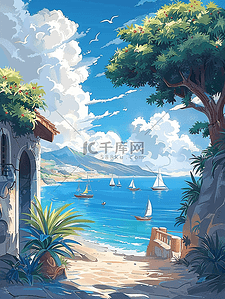 橄榄树插画图片_夏日度假手绘插画海边沙滩