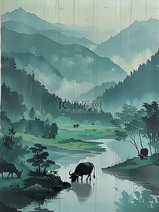 喝水背景插画图片_夏季山水水墨画河流插画海报