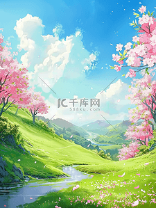 小花花卡通插画图片_夏季樱花草地小溪手绘插画海报