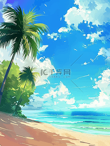 夏季沙滩海边手绘树木插画海报