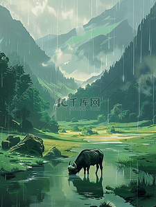 ,喝水插画图片_插画夏季山水水墨画河流海报