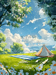 垫子餐垫插画图片_夏天风景手绘户外帐篷插画海报