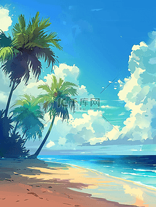 椰子树树木插画图片_插画夏季沙滩海边树木手绘海报