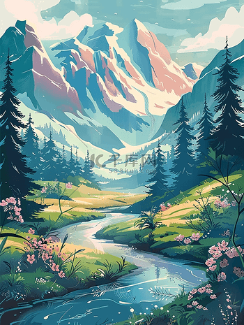 唯美山水风景手绘夏季油画海报插画素材