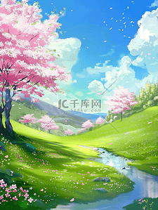 粉色小花插画图片_夏季樱花草地手绘小溪插画海报