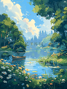 山水小船插画图片_夏季风景山水插画海报手绘