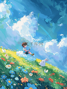 夏季山坡手绘蓝天白云小草插画