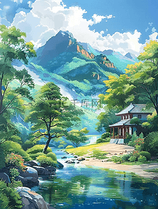夏季山峰树木河水插画海报手绘