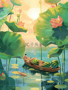 新年海报线下插画图片_手绘插画夏季荷叶小船海报
