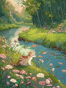 夏季手绘海报河边小草花朵树木小猫插画海报