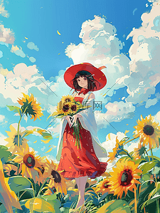 唯美七夕海报插画图片_夏季向日葵女孩唯美手绘插画海报