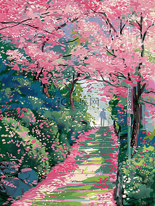 后门台阶插画图片_海报夏天插画蔷薇花台阶树木手绘