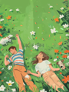 孩子草地玩耍手绘夏天海报插画图片