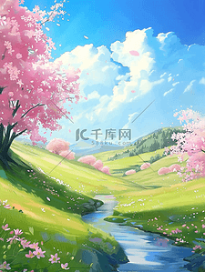 樱花开了插画图片_夏季插画樱花草地小溪手绘海报