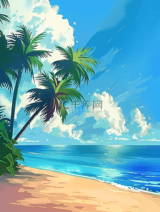 云彩插画图片_夏季沙滩海边树木手绘海报插画