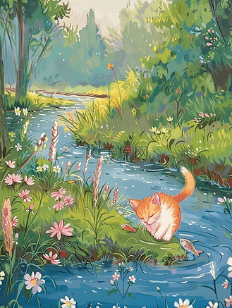 手绘海报夏季河边小草花朵树木小猫矢量插画