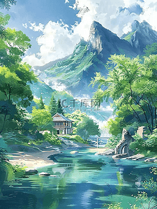 小亭子插画图片_夏季手绘山峰树木河水插画海报