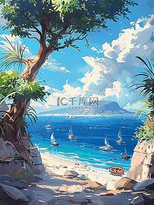 夏日促销清新插画图片_夏日海边度假沙滩手绘插画