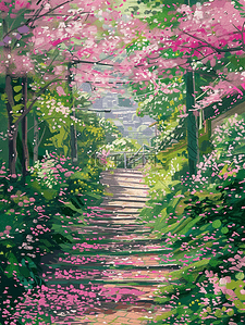夏天插画台阶蔷薇花树木手绘海报
