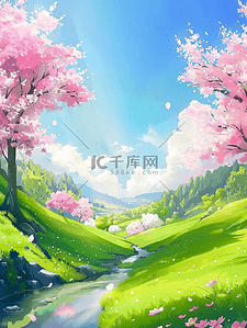 樱花开了插画图片_插画夏季樱花草地小溪手绘海报