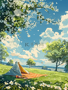 一块砖头插画图片_户外夏天风景帐篷手绘插画海报