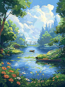 山水小船插画图片_风景夏季山水手绘插画海报