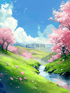 小花花卡通插画图片_樱花草地夏季小溪手绘插画海报